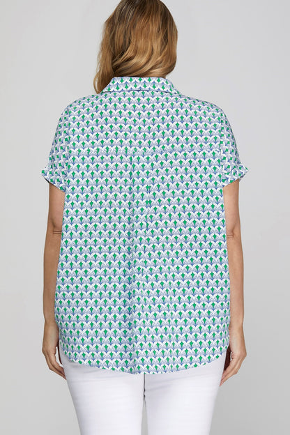 Elegant printed Johnny collar short sleeve blouse with a sophisticated design for a chic and polished plus-size look.