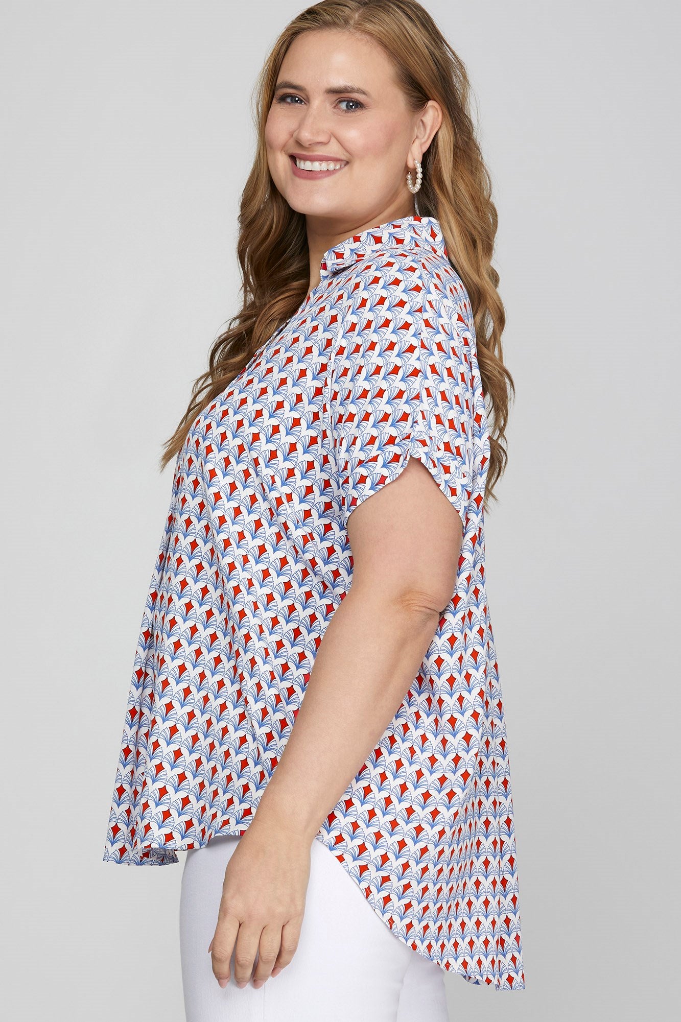 Full-size printed Johnny collar short sleeve blouse featuring a chic and versatile design, perfect for casual and semi-formal outfits.