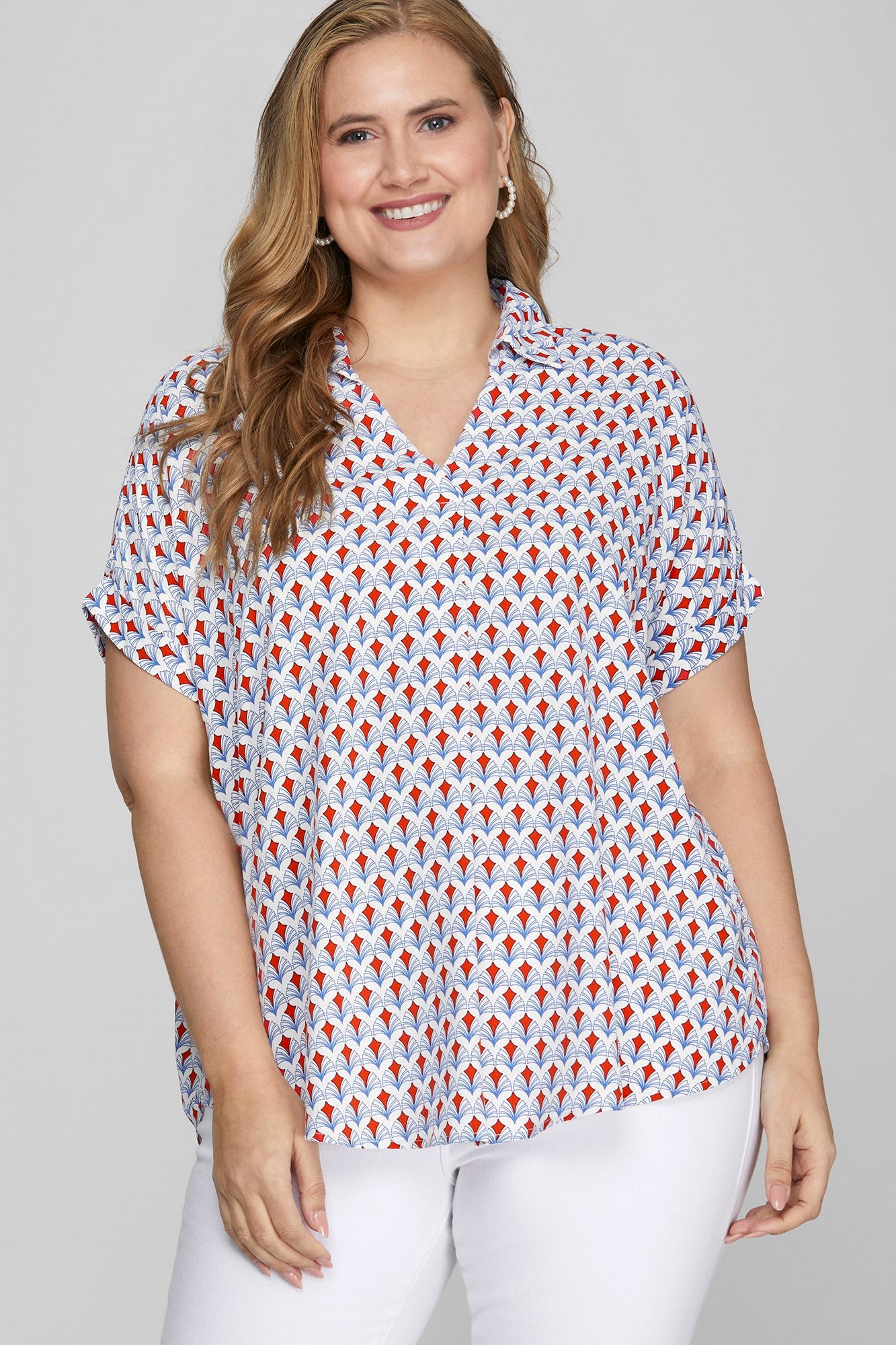 Full-size printed Johnny collar short sleeve blouse featuring a chic and versatile design, perfect for casual and semi-formal outfits.