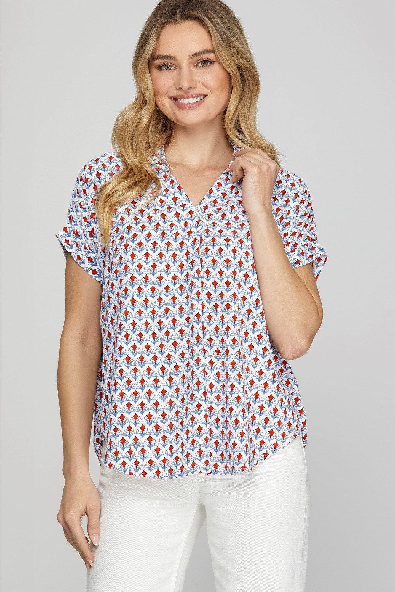 Full-size printed Johnny collar short sleeve blouse featuring a chic and versatile design, perfect for casual and semi-formal outfits.