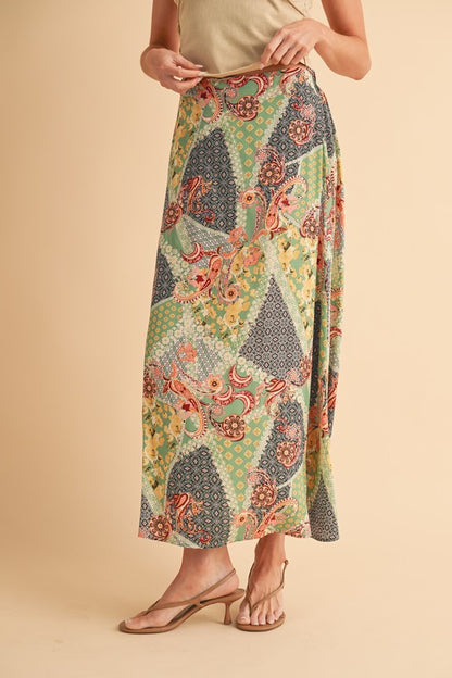 Flowy printed maxi skirt with a bold pattern, perfect for casual or dressy outfits.