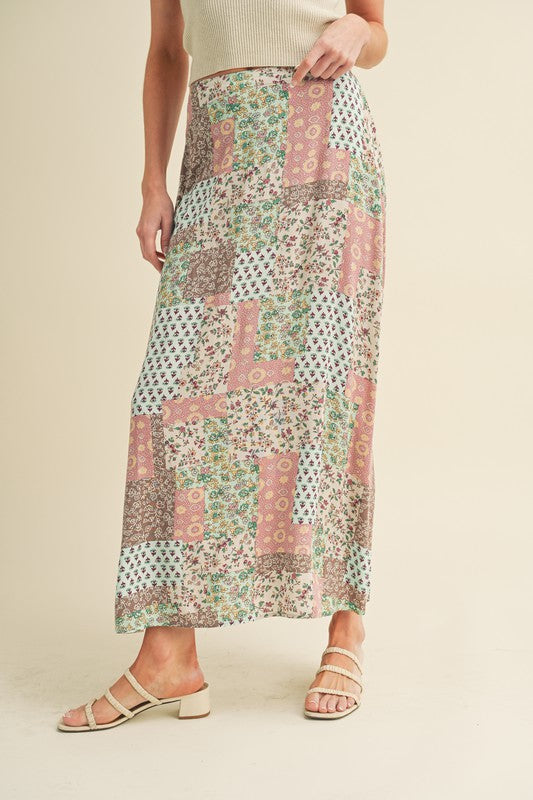 Flowy printed maxi skirt with a vibrant design, perfect for elegant and casual looks.