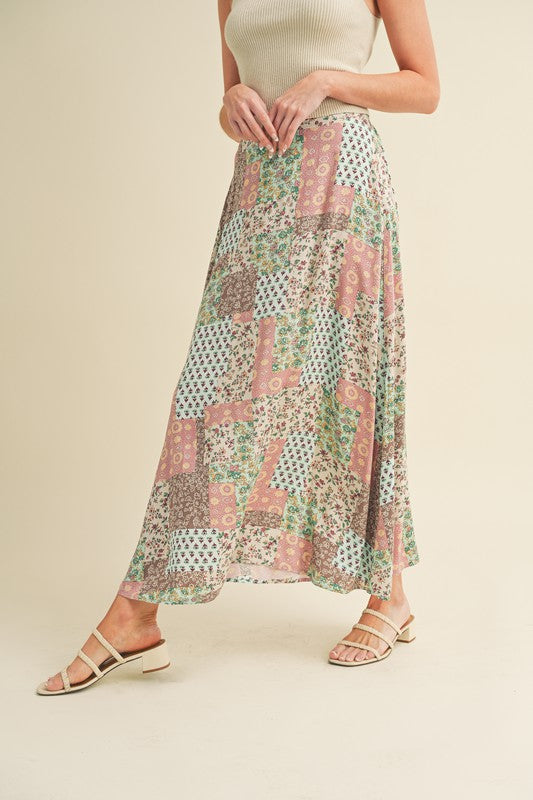 Flowy printed maxi skirt with a vibrant design, perfect for elegant and casual looks.