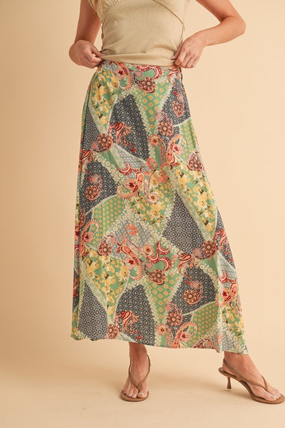 Flowy printed maxi skirt with a bold pattern, perfect for casual or dressy outfits.