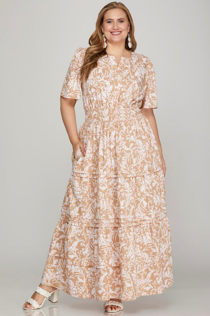 Printed notched woven tiered pintuck maxi dress with a chic design and side pockets for a stylish yet comfortable look.