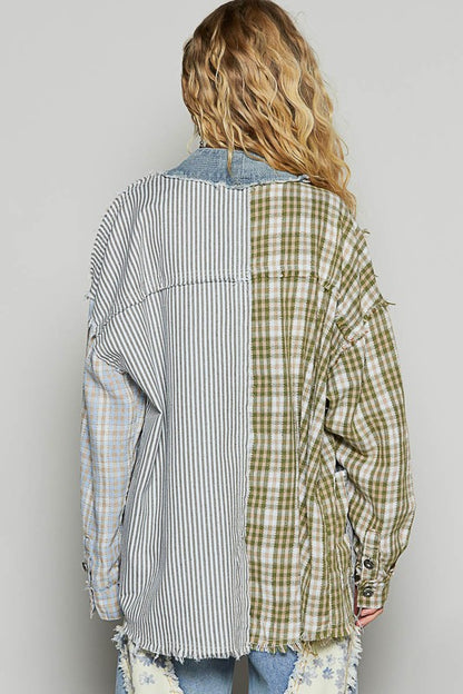 Women's raw edge plaid & striped open front cardigan – trendy and effortless layering piece