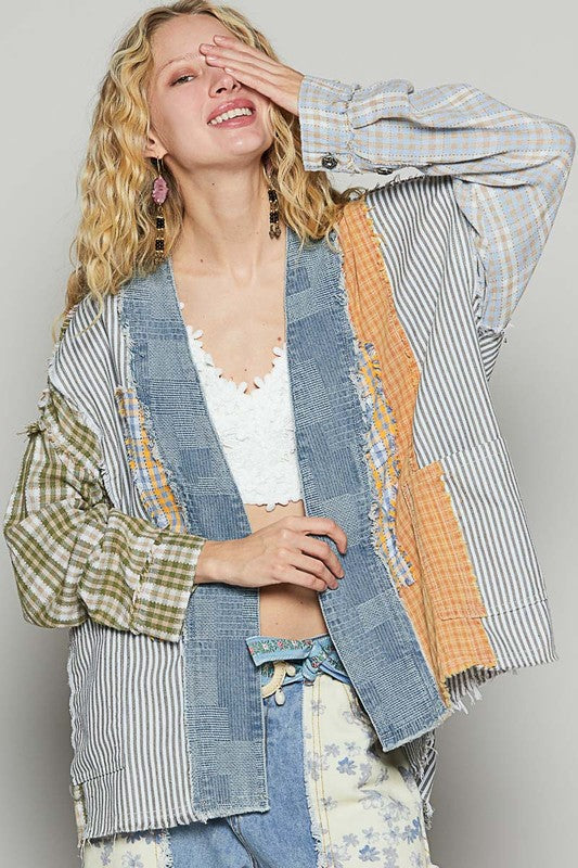 Women's raw edge plaid & striped open front cardigan – trendy and effortless layering piece