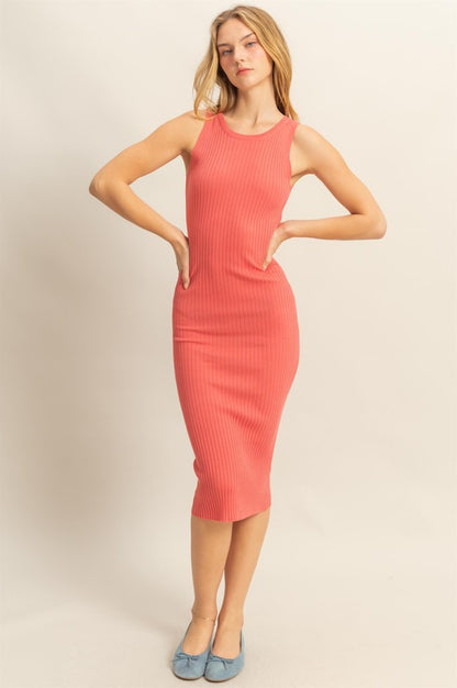 Chic ribbed round neck sleeveless midi dress with a figure-flattering fit, perfect for any occasion.