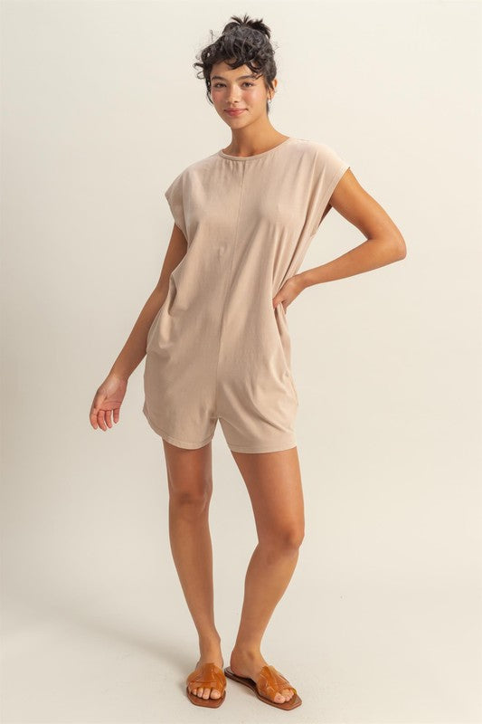 Lightweight round neck cap sleeve breezy romper with a relaxed fit, perfect for summer outings and casual wear.