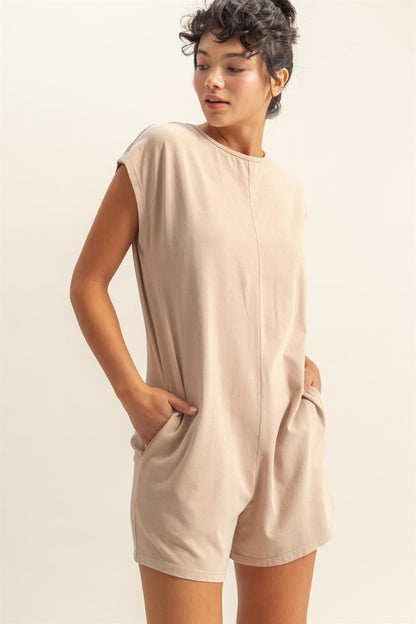 Lightweight round neck cap sleeve breezy romper with a relaxed fit, perfect for summer outings and casual wear.