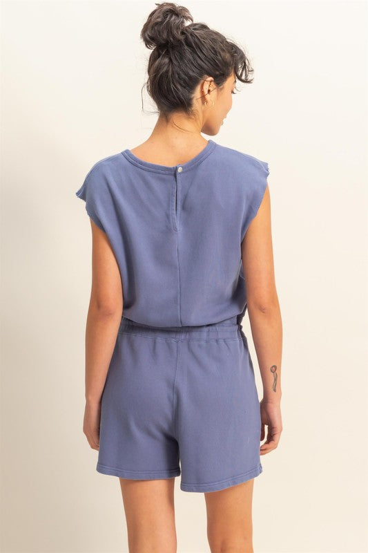 Casual round neck cap sleeve drawstring waist romper with pockets for effortless style and comfort.