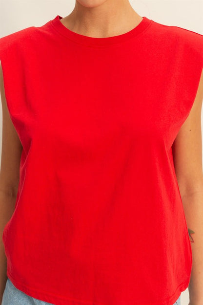 Women's round neck shoulder pad sleeveless top – bold and modern fashion piece