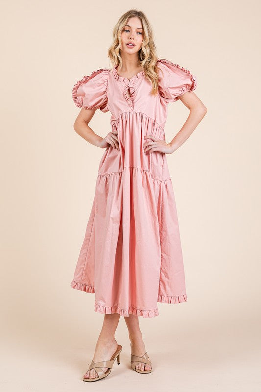 Ruffle trim puff sleeve tiered babydoll midi dress with a feminine and flowy silhouette.