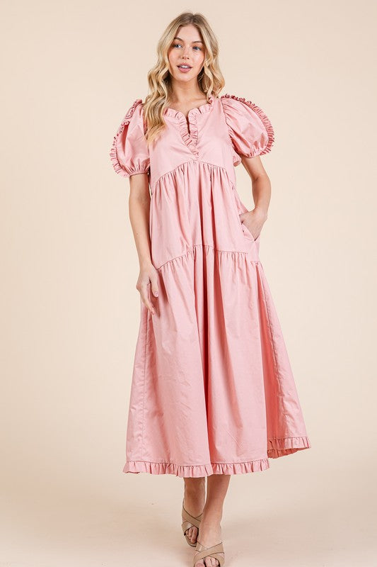 Ruffle trim puff sleeve tiered babydoll midi dress with a feminine and flowy silhouette.