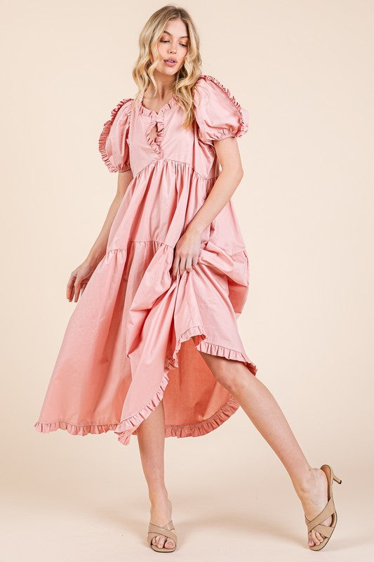 Ruffle trim puff sleeve tiered babydoll midi dress with a feminine and flowy silhouette.