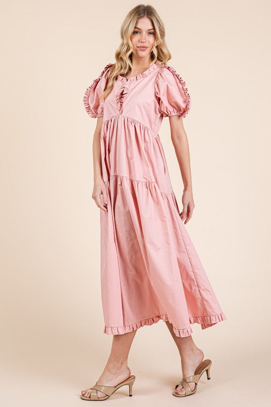 Ruffle trim puff sleeve tiered babydoll midi dress with a feminine and flowy silhouette.