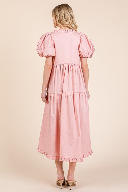 Ruffle trim puff sleeve tiered babydoll midi dress with a feminine and flowy silhouette.