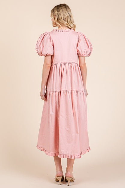 Ruffle trim puff sleeve tiered babydoll midi dress with a feminine and flowy silhouette.