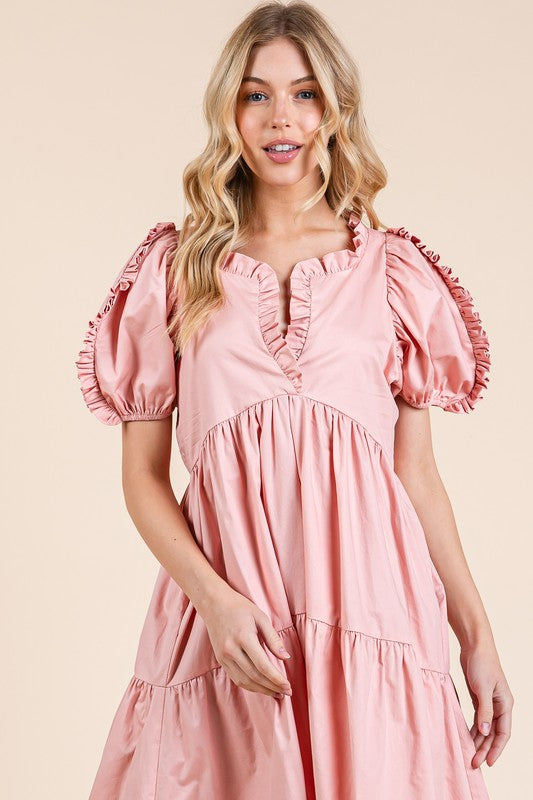 Ruffle trim puff sleeve tiered babydoll midi dress with a feminine and flowy silhouette.