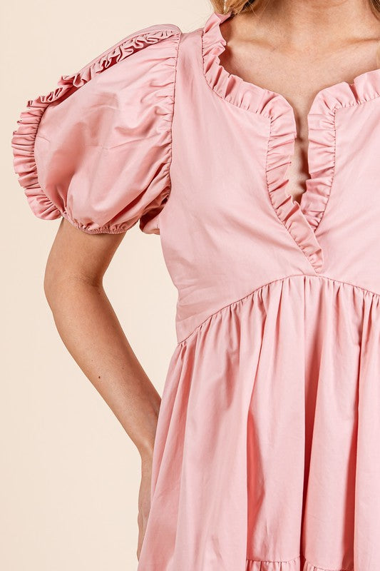 Ruffle trim puff sleeve tiered babydoll midi dress with a feminine and flowy silhouette.