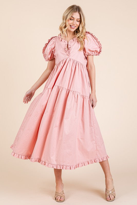 Ruffle trim puff sleeve tiered babydoll midi dress with a feminine and flowy silhouette.