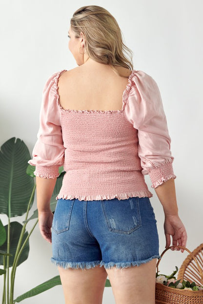 Ruffled smocked frill square neck top with elegant details, perfect for chic and feminine styling.