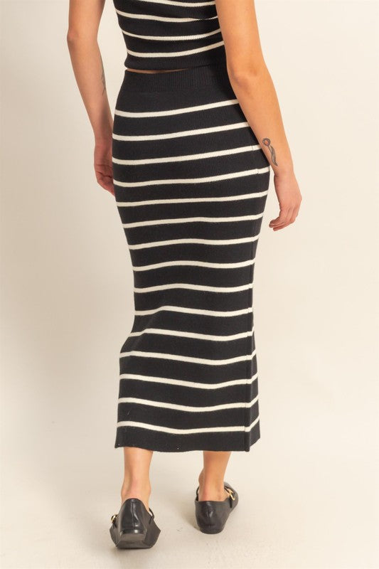 Striped bodycon sweater skirt with side slits, offering a stylish & cozy look.