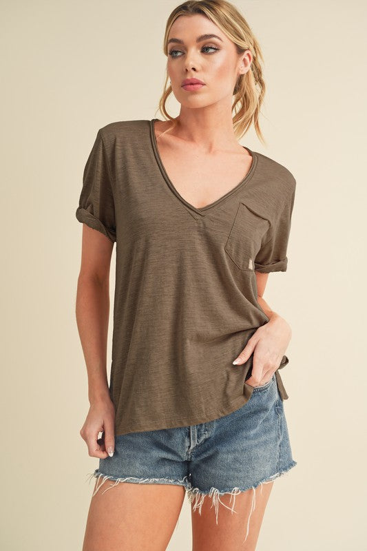 Women's side slit V-neck short rolled sleeve t-shirt – casual, soft, and stylish