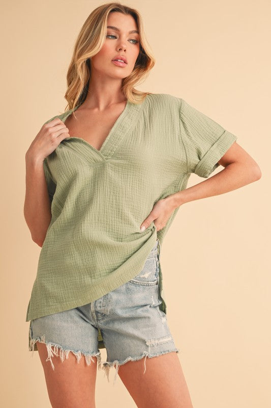 Women's side slit V-neck short sleeve blouse – chic, breathable, and stylish