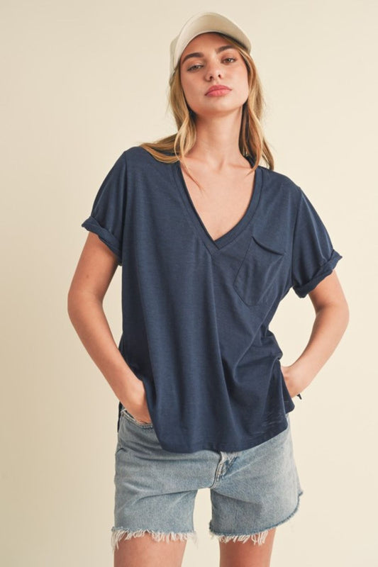 Women's side slit V-neck t-shirt with rolled short sleeves – casual and chic style