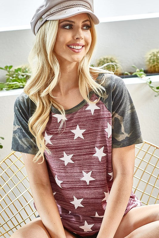 Trendy star round neck camouflage short sleeve t-shirt with a casual and stylish design.