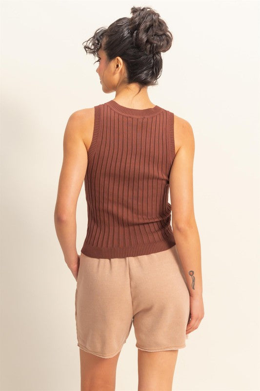 Stretchy ribbed round neck sweater tank in a sleek, versatile design for effortless styling.