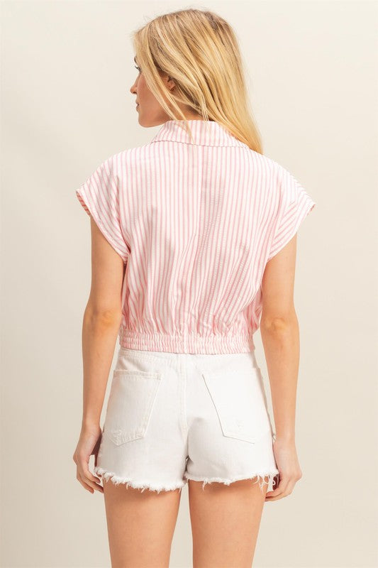 Stylish striped Johnny collar cap sleeve blouse with an elastic hem for a flattering and comfortable fit.