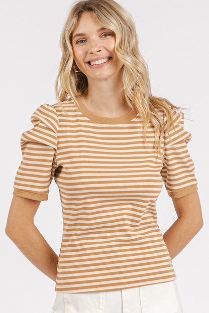 Women's striped round neck puff sleeve t-shirt – chic and trendy statement piece