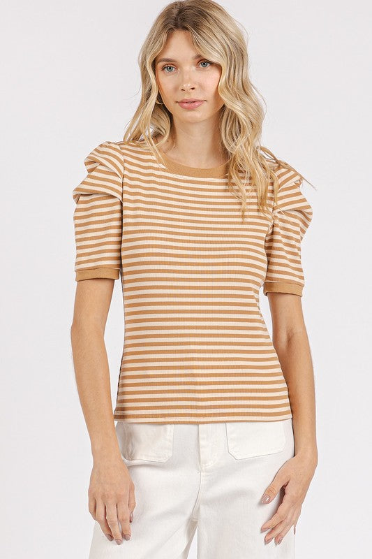 Women's striped round neck puff sleeve t-shirt – chic and trendy statement piece