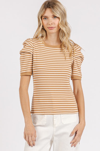 Women's striped round neck puff sleeve t-shirt – chic and trendy statement piece