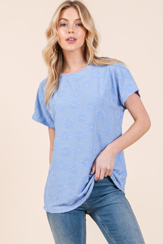 Chic textured floral pattern short sleeve t-shirt, perfect for a stylish and comfortable casual look.