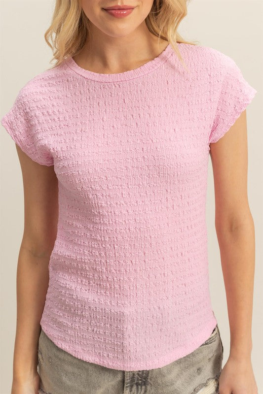 Textured round neck cap sleeve knit top in a versatile design, perfect for everyday wear.