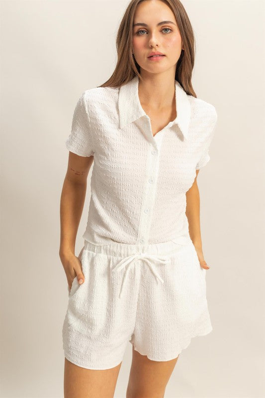 Cozy and stylish textured knit short sleeve top & drawstring shorts set, perfect for lounging or casual outings.