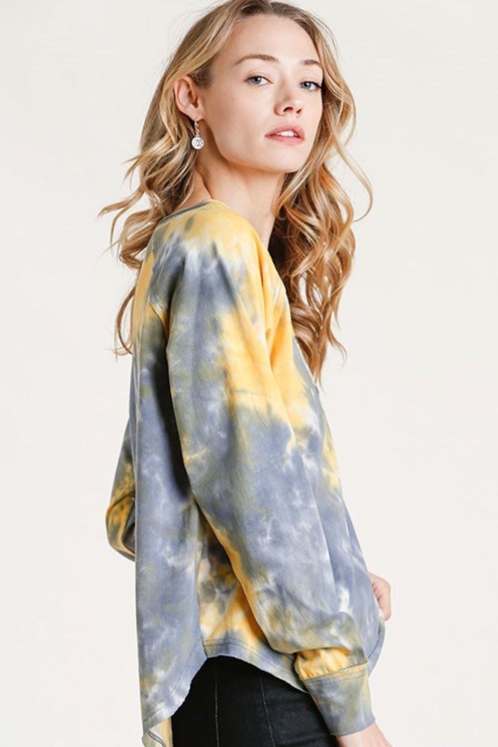 Tie-dye button front long raglan sleeve top featuring a trendy pattern, breathable cotton fabric, and a relaxed fit for everyday comfort.