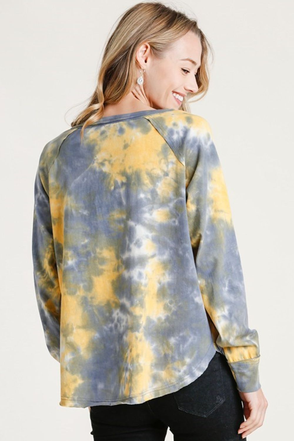 Tie-dye button front long raglan sleeve top featuring a trendy pattern, breathable cotton fabric, and a relaxed fit for everyday comfort.