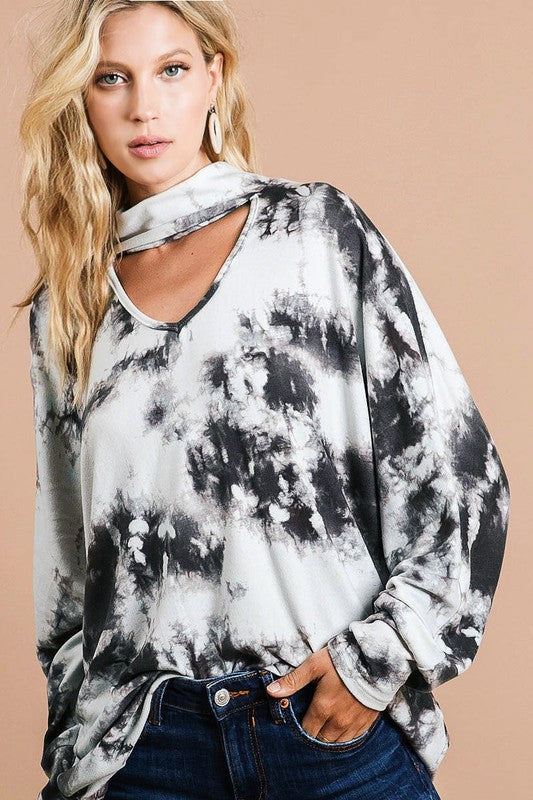 Boho tie-dye cutout batwing sleeve top with a flowy silhouette, perfect for casual and trendy styling.