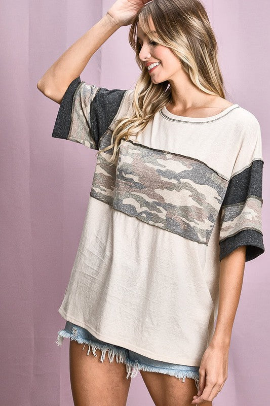 Trendy color block camo top with contrast stitching, made from soft triblend knit fabric for a stylish and comfortable look.