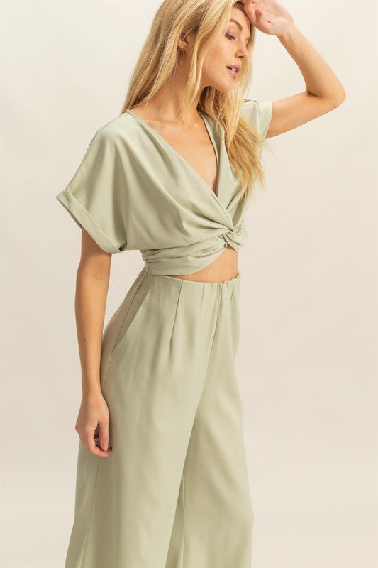 Women's twisted front short sleeve top and wide leg pants set – chic and effortless outfit