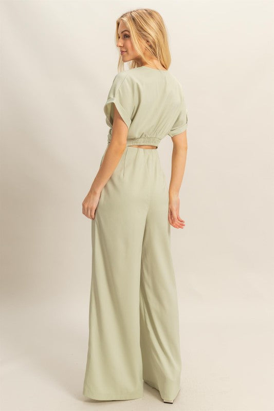 Women's twisted front short sleeve top and wide leg pants set – chic and effortless outfit