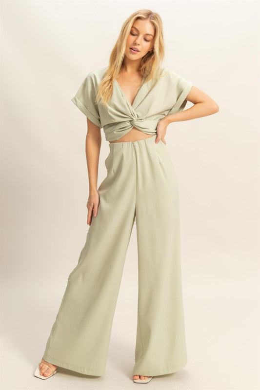 Women's twisted front short sleeve top and wide leg pants set – chic and effortless outfit