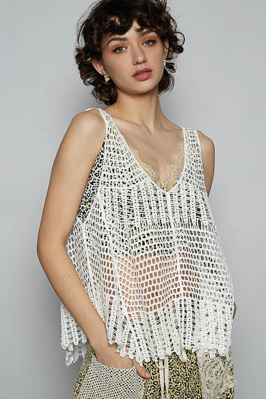 Women's V-neck sleeveless woven crochet knit cover up – boho-chic and lightweight layering piece