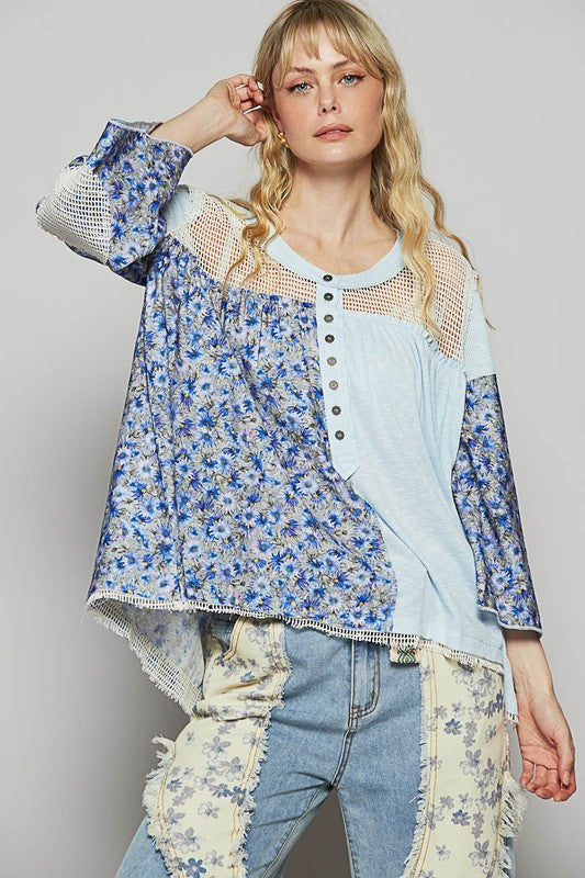 Women's washed floral print crochet detail top – boho chic and feminine style